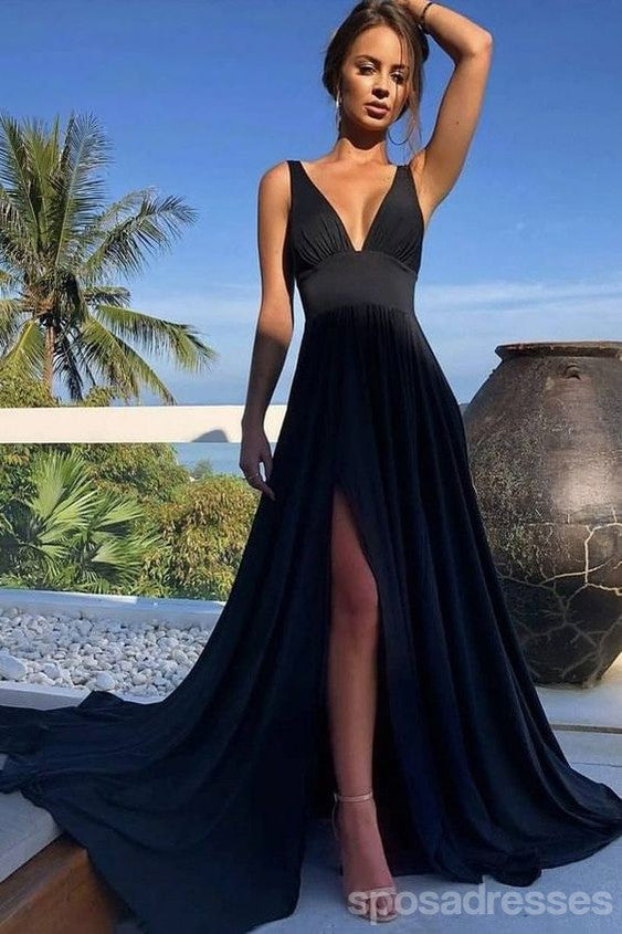 Sexy Black A-line Side Slit V-neck Maxi Long Party Prom Dresses, Evening Dress,13318