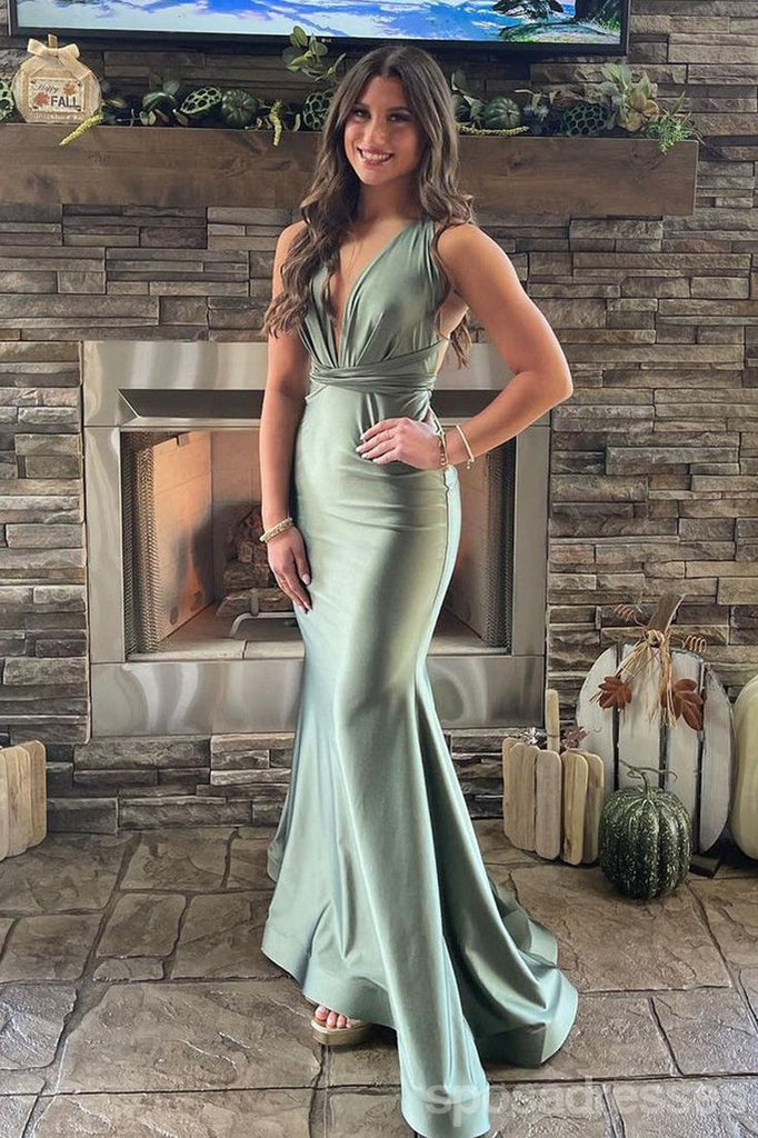 Sexy Sage Green Mermaid V-neck Maxi Long Party Prom Dresses,Evening Dress,13427