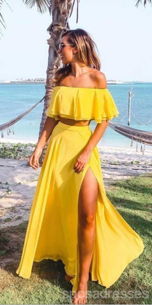 Simple Yellow A-line Two Pieces Side Slit Maxi Long Party Prom Dresses,Evening Dress,13408