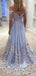 Tulle Off Shoulder A-line Blue Long Prom Dresses, Sweet 16 Prom Dresses, 12384