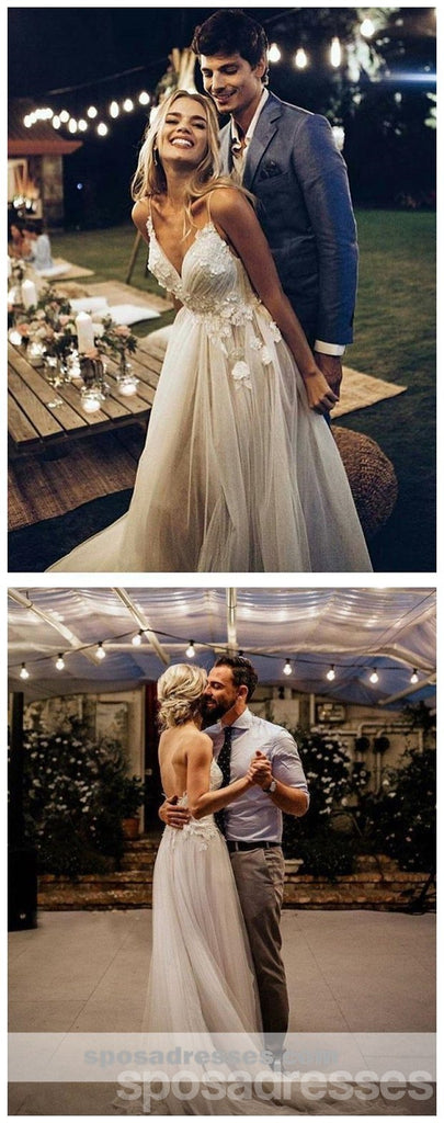 Sexy Backless Spaghetti Straps Cheap Wedding Dresses Online, Lace A-line Bridal Dresses, WD442