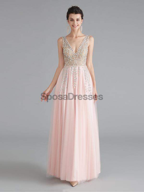V Neck Chiffon Heavily Beaded Pink Evening Prom Dresses, Evening Party Prom Dresses, 12122