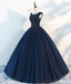 Navy Cap Sleeves Ball Gown Tulle Cheap Long Evening Prom Dresses, Custom Sweet16 Dresses, 18410