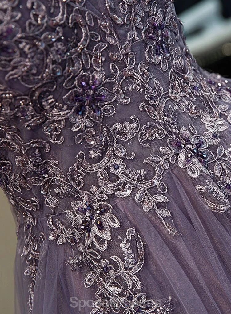 Grey Purple Ruffles Lace Beaded Long Cheap Evening Prom Dresses, Evening Party Prom Dresses, 12335