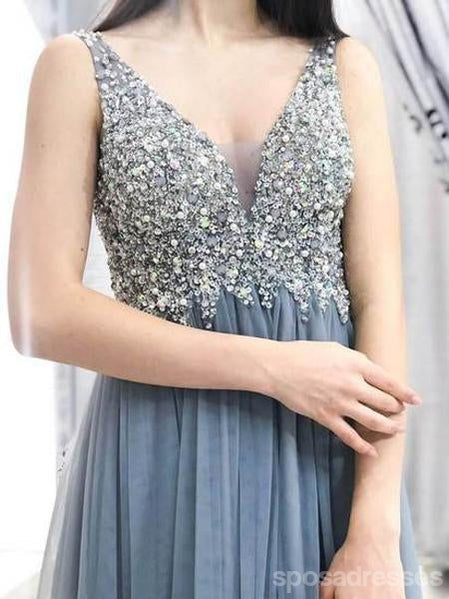 Grey Lace Beaded V-Neck Cheap Long Evening Prom Dresses, Evening Party Prom Dresses, 18637
