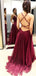 Sexy Backless V Neck Maroon Long Evening Prom Dresses, Cheap Custom Sweet 16 Dresses, 18454