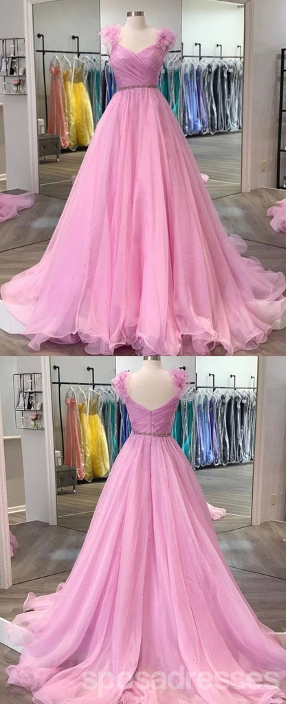 Simple Pink A-line V-neck Cheap Long Prom Dresses Online,12817