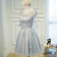 Long Sleeve V Neckline Gray Lace Tulle Short Homecoming Prom Dresses, Affordable Short Party Prom Sweet 16 Dresses, Perfect Homecoming Cocktail Dresses, CM366