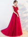 Bright Red A-line V-neck Lace Cheap Long Evening Prom Dresses, Evening Party Prom Dresses, 18647