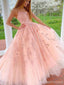 Peach Lace A-line Spaghetti Straps Cheap Long Prom Dresses Online,12807