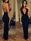 Sexy Simple Cross Back Mermaid Deep V Neck Black Floor Length Custom Long Evening Prom Dresses, 17371