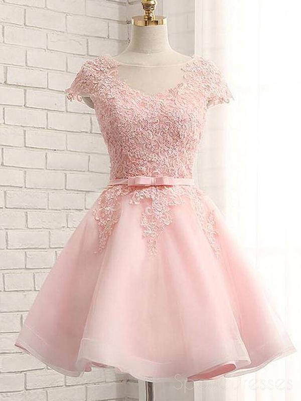 Cap Sleeve Pink Lace Beaded Tulle Short Homecoming Dresses, Cheap Homecoming Dresses, CM368