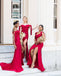 Red Mermaid Off Shoulder High Slit Cheap Long Bridesmaid Dresses,WG1299