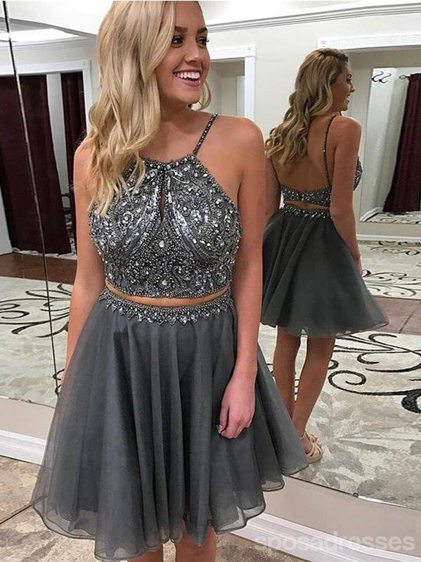 Sexy Two Pieces Grey Backless Rhinestone Short Homecoming Dresses Online, CM605
