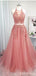 Pink Halter A-line Sleeveless Long Prom Dresses Online,Dance Dresses,12671