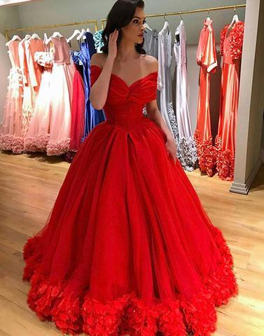 Off Shoulder Red A-line Custom Long Evening Prom Dresses, 17724