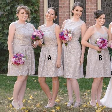 Mismatched Sparkly Grey Lace Cheap Short Bridesmaid Dresses Online, WG364