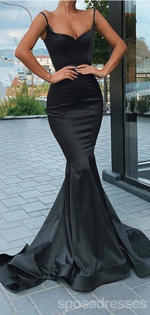 Simple Black Mermaid Spaghetti Straps Cheap Long Prom Dresses Online,12737