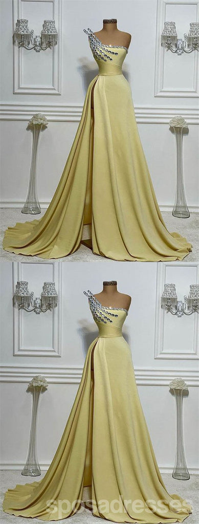 Yellow A-line One Shoulder High Slit Cheap Long Prom Dresses Online,12686